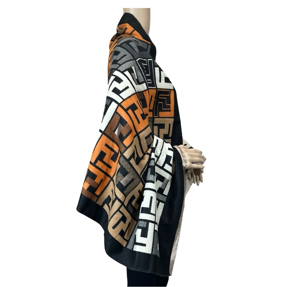 Source Unknown F Poncho Scarf Orange Black Multi OS - Picture 13 of 13
